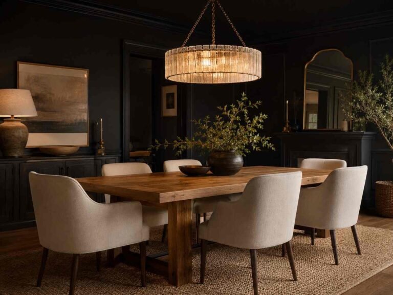 Elegant black dining room with warm wood furniture, cream chairs, brass accents, and soft lighting.