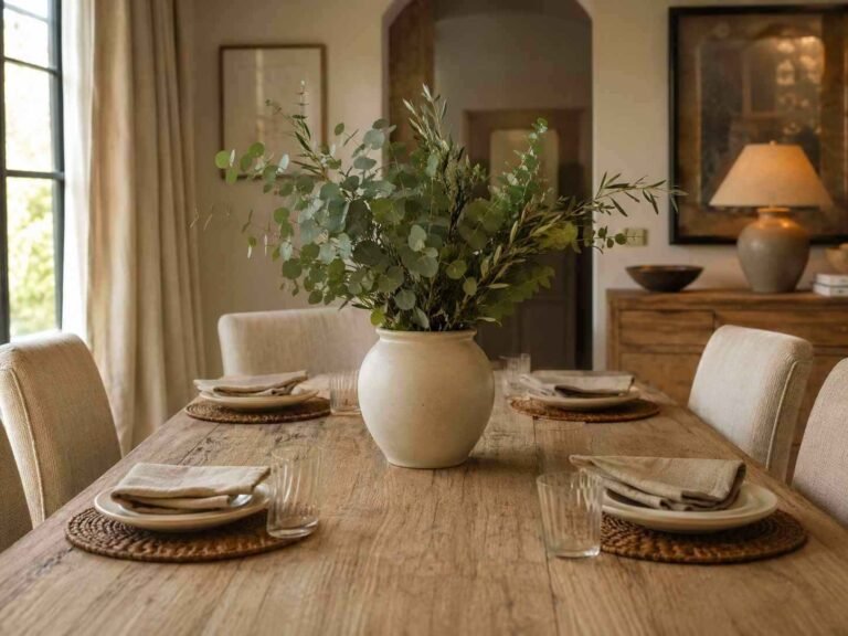 Elegant dining room table styled with greenery, ceramic vase, candles, neutral linens, and warm natural decor.
