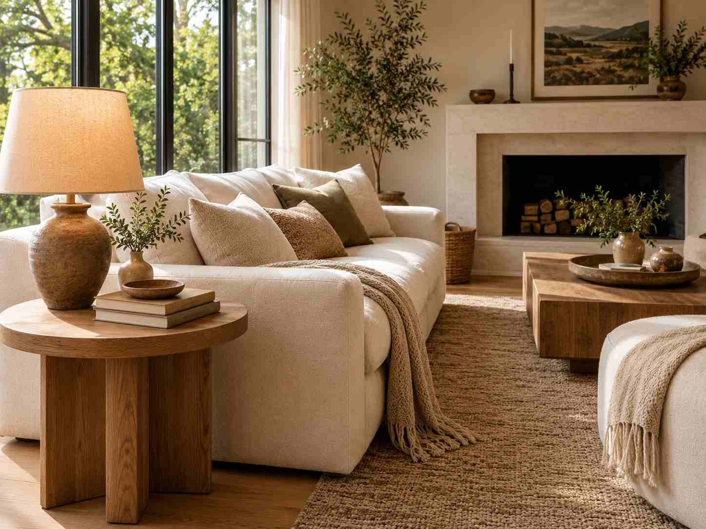 Cozy living room with a wooden side table, cream sofa, lamp, and neutral decor