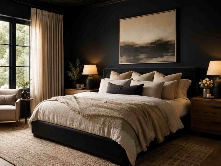 Sophisticated black bedroom with matte black walls, cream bedding, warm wood accents, brass details, and cozy lighting.