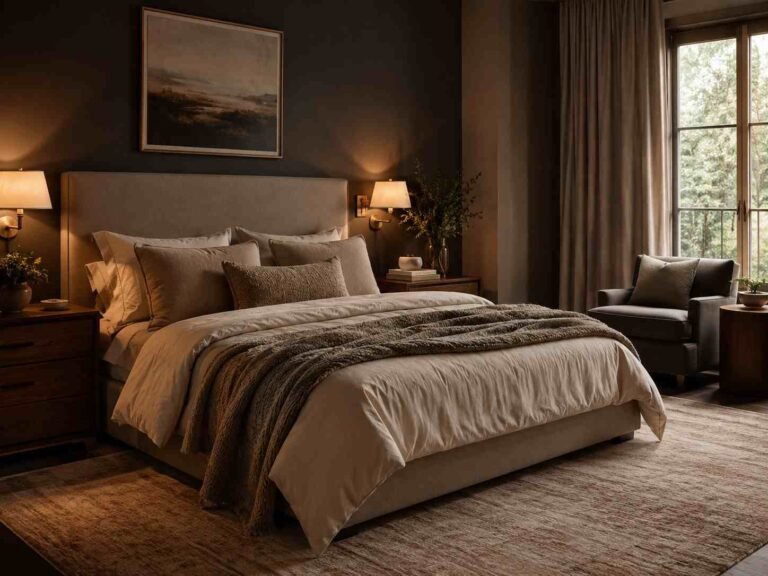 Moody bedroom with charcoal walls, layered neutral bedding, warm lighting, wood accents, and cozy textures.