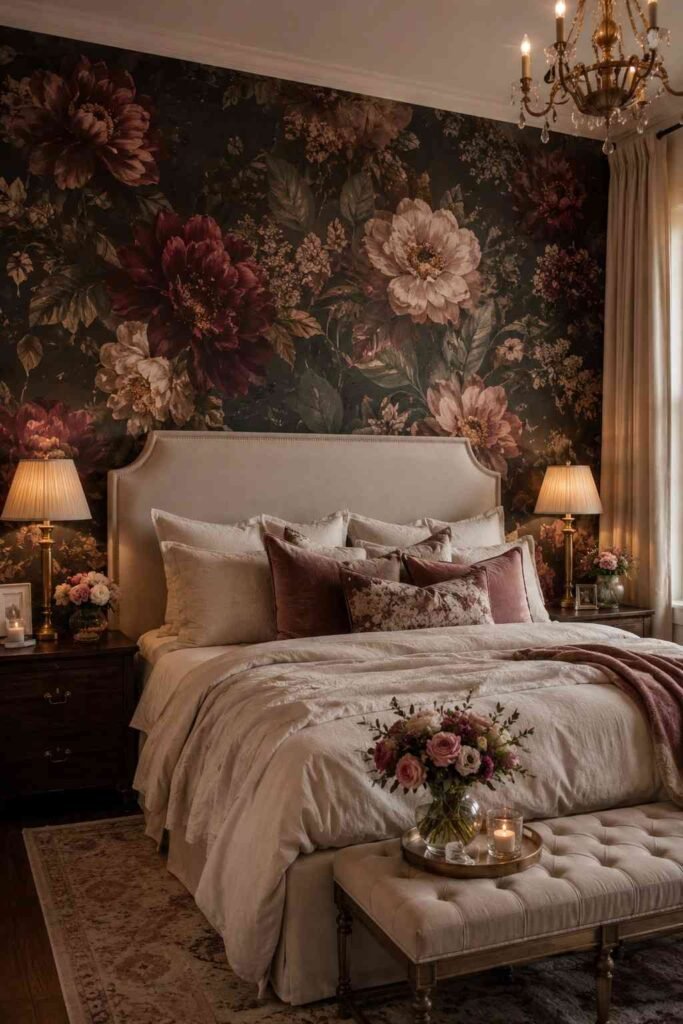 Dark floral wallpaper in forest green and burgundy behind bed with cream linen bedding and brass lamps in romantic bedroom