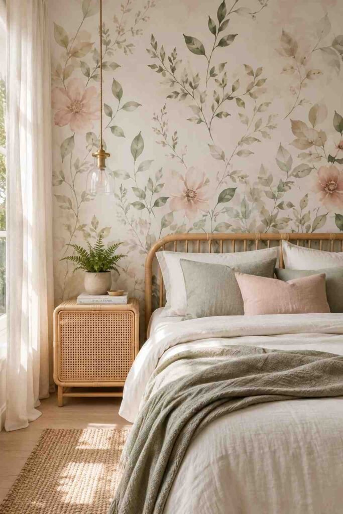 Soft watercolor botanical wallpaper in sage green and blush with linen bedding and rattan furniture in calm serene bedroom
