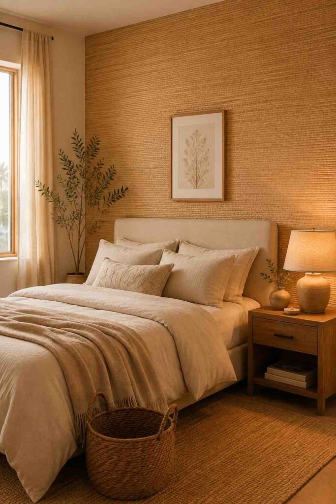 Honey gold grasscloth texture wallpaper feature wall with warm linen bedding and wooden furniture in inviting bedroom