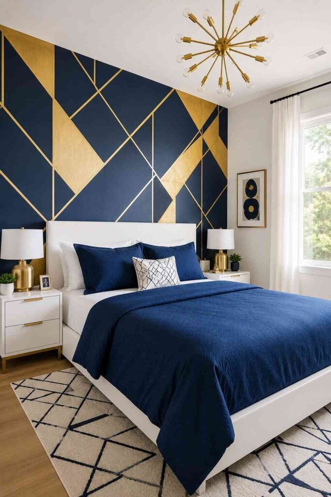 Bold navy and gold geometric wallpaper behind bed with clean white bed frame and solid bedding in modern bedroom