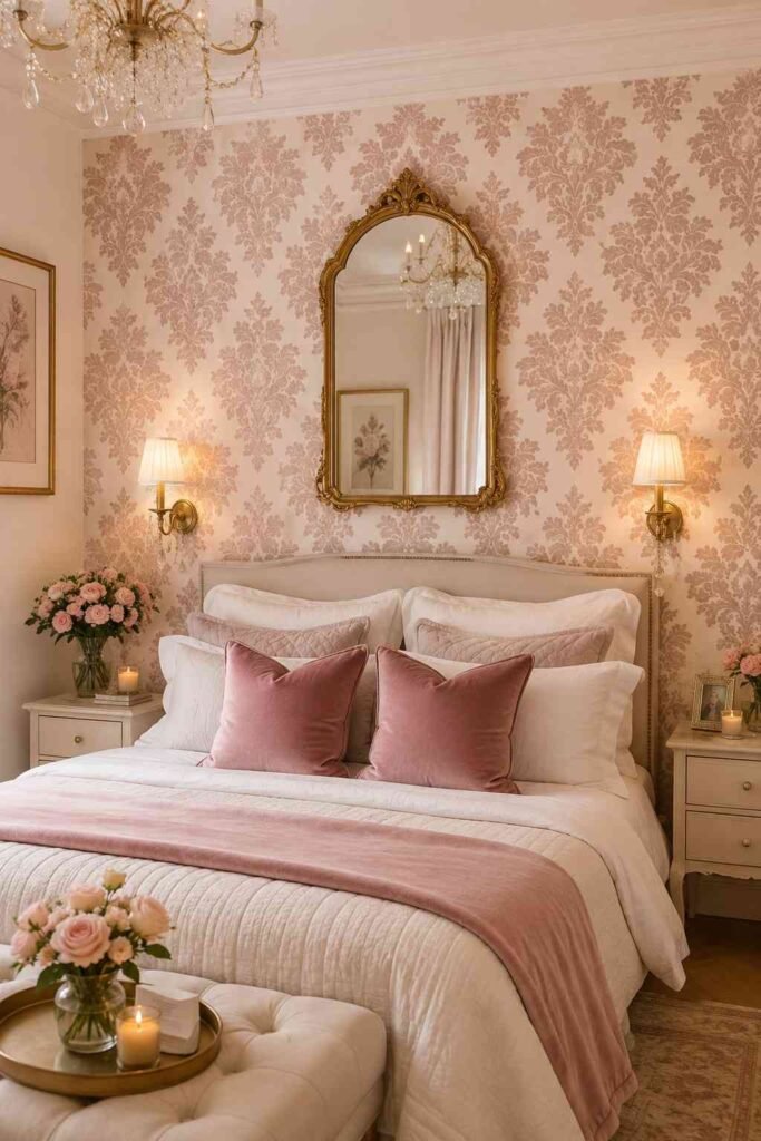 Vintage dusty rose damask wallpaper with velvet cushions brass sconces and gold mirror in elegant romantic bedroom