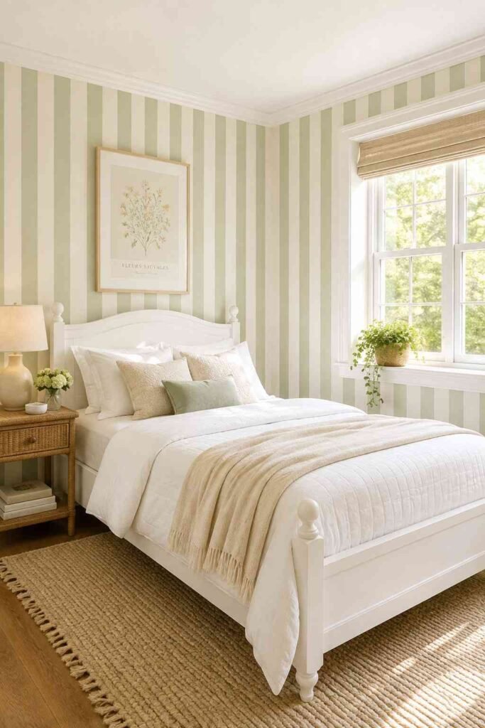 Vertical sage green and cream stripe wallpaper with white bed frame layered bedding and rattan table in bright airy bedroom