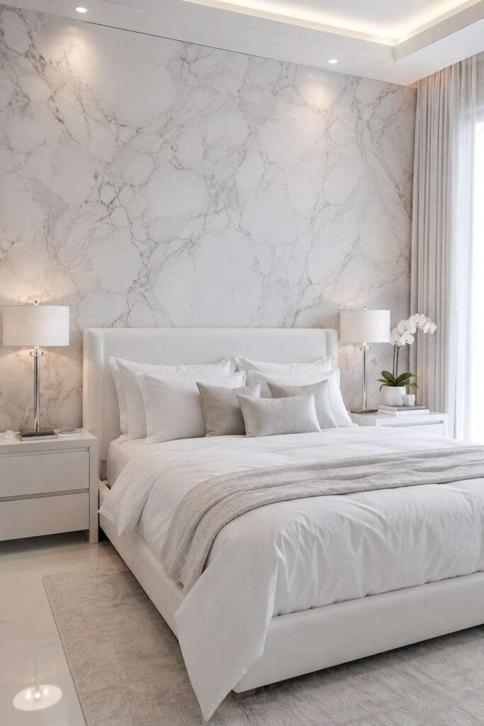 Vertical sage green and cream stripe wallpaper with white bed frame layered bedding and rattan table in bright airy bedroom