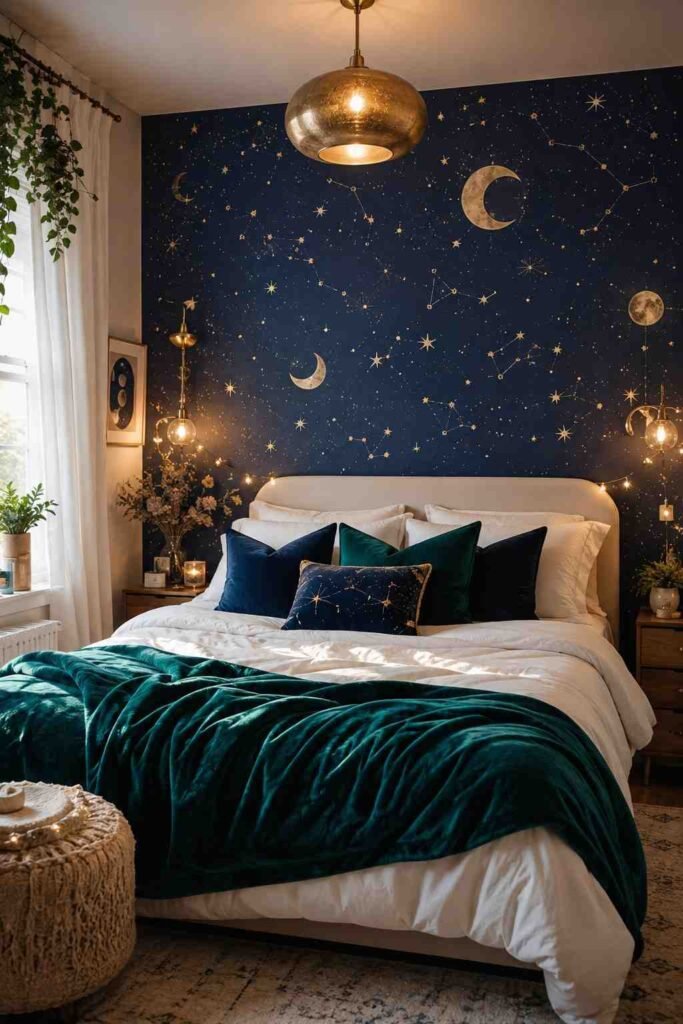 Midnight navy celestial wallpaper with gold moons and stars behind bed with brass pendant and jewel velvet cushions in dreamy bedroom