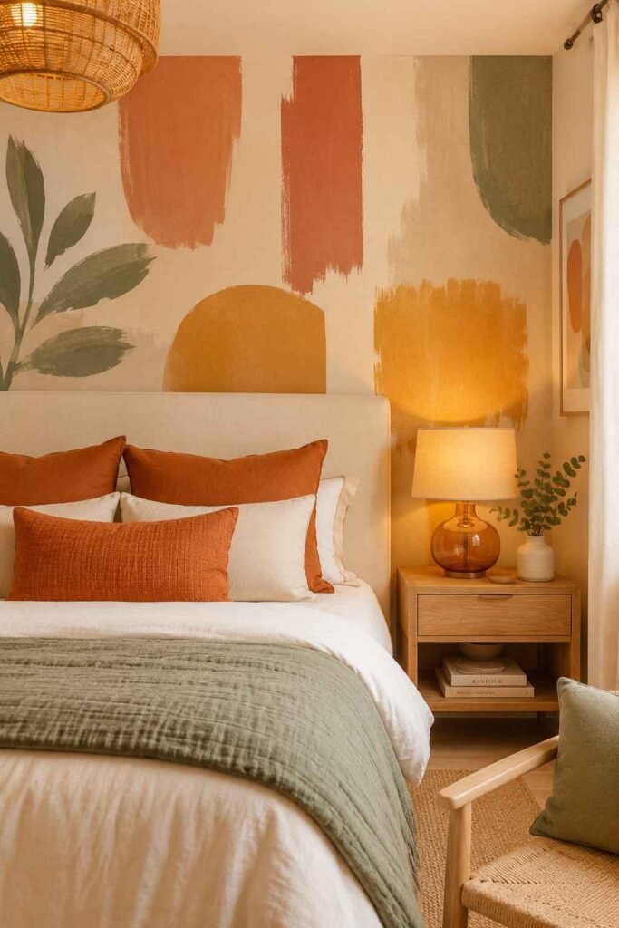Abstract terracotta and mustard brushstroke wallpaper with linen cushions natural wood furniture and amber lamp in artistic bedroom
