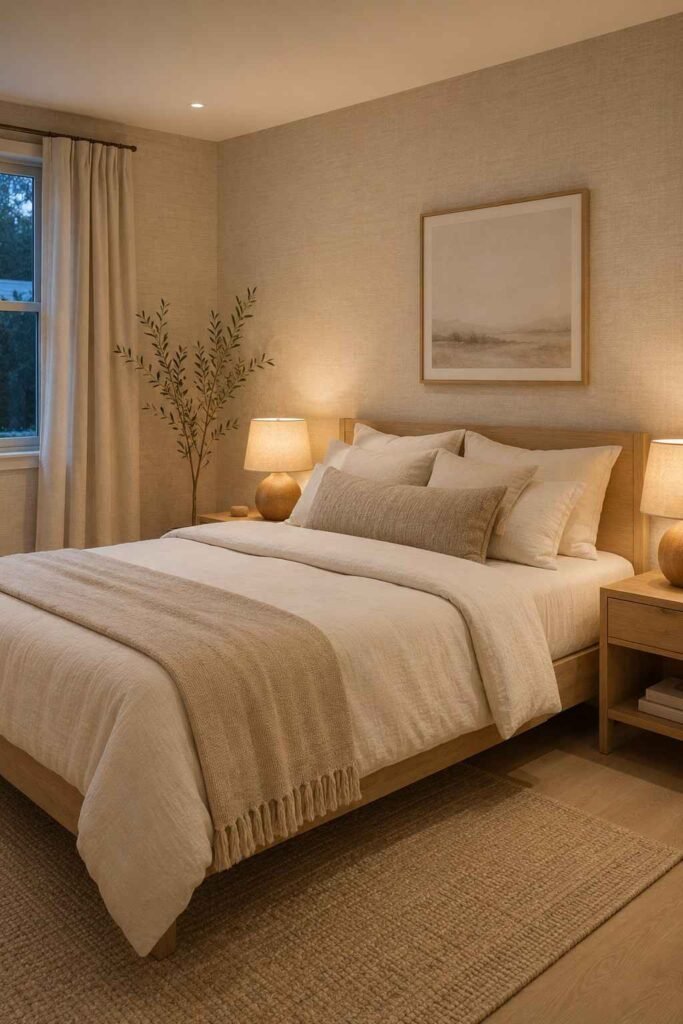 Soft oatmeal linen texture wallpaper on all walls with layered cream bedding natural wood frame and amber lamps in minimal serene bedroom