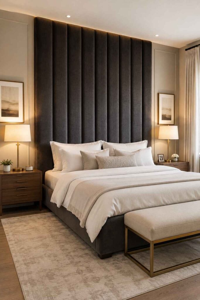 Oversized charcoal velvet upholstered headboard anchoring king bed with white bedding and brass lamps in master bedroom