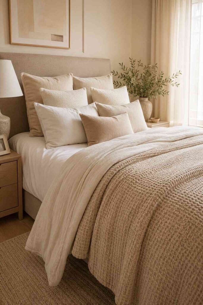  Luxurious hotel style layered bedding with white sheets oatmeal waffle blanket ivory duvet and mixed texture pillows
