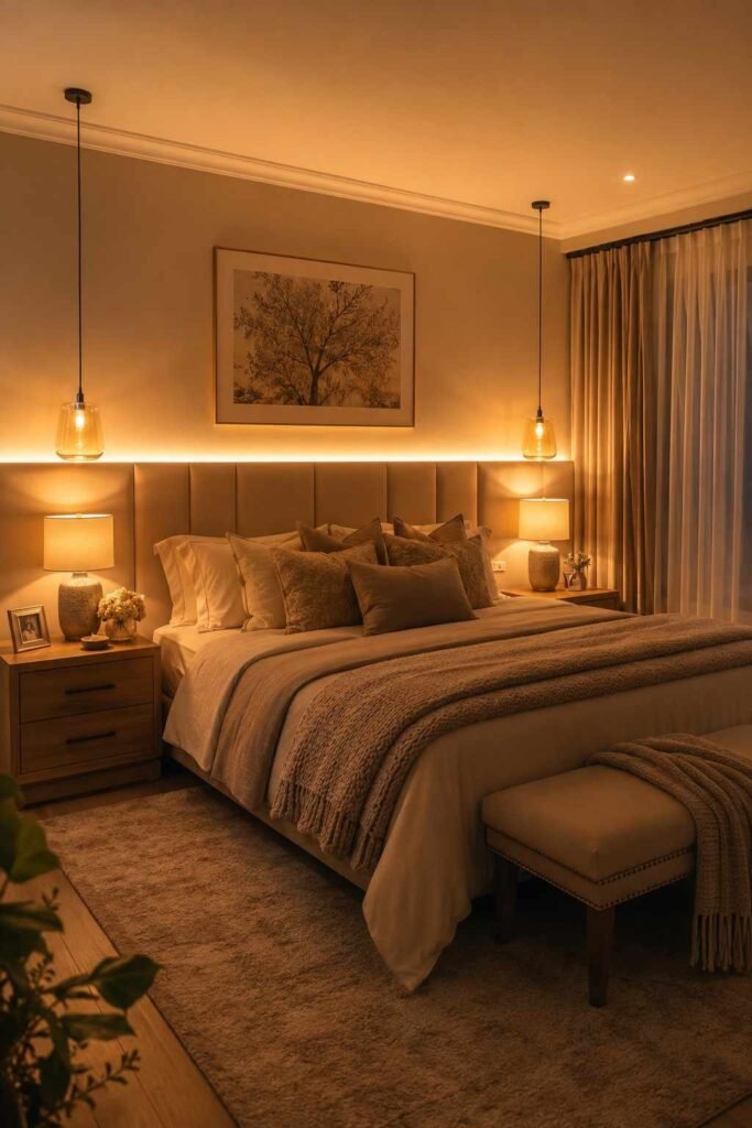  Warm amber bedside lamps pendant lights and LED headboard glow creating cozy intimate atmosphere in master bedroom evening