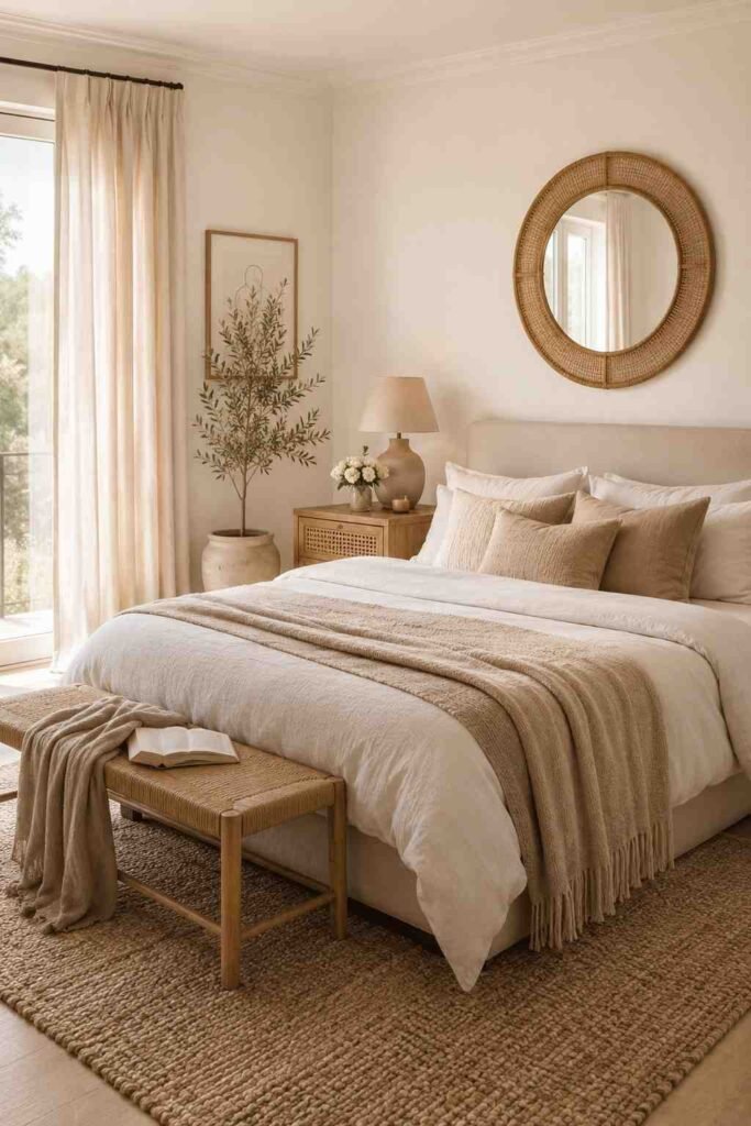  Warm neutral master bedroom with linen curtains taupe wool rug velvet throw cane nightstand and rattan mirror
