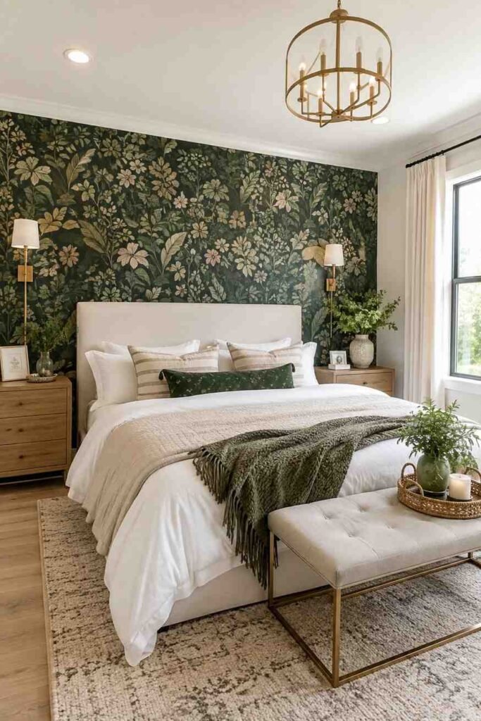 Deep forest green botanical wallpaper accent wall behind white bed with brass sconces in dramatic master bedroom