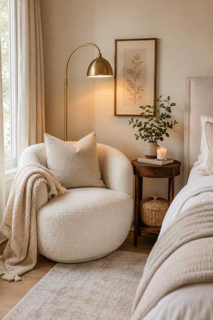 Cream boucle armchair with brass floor lamp walnut side table candle and book in cozy master bedroom reading corner
