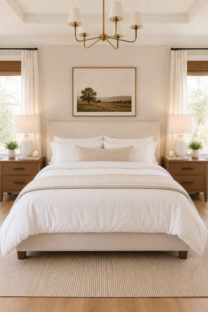 Perfectly symmetrical master bedroom with matching walnut nightstands identical white lamps and styled decor on both sides
