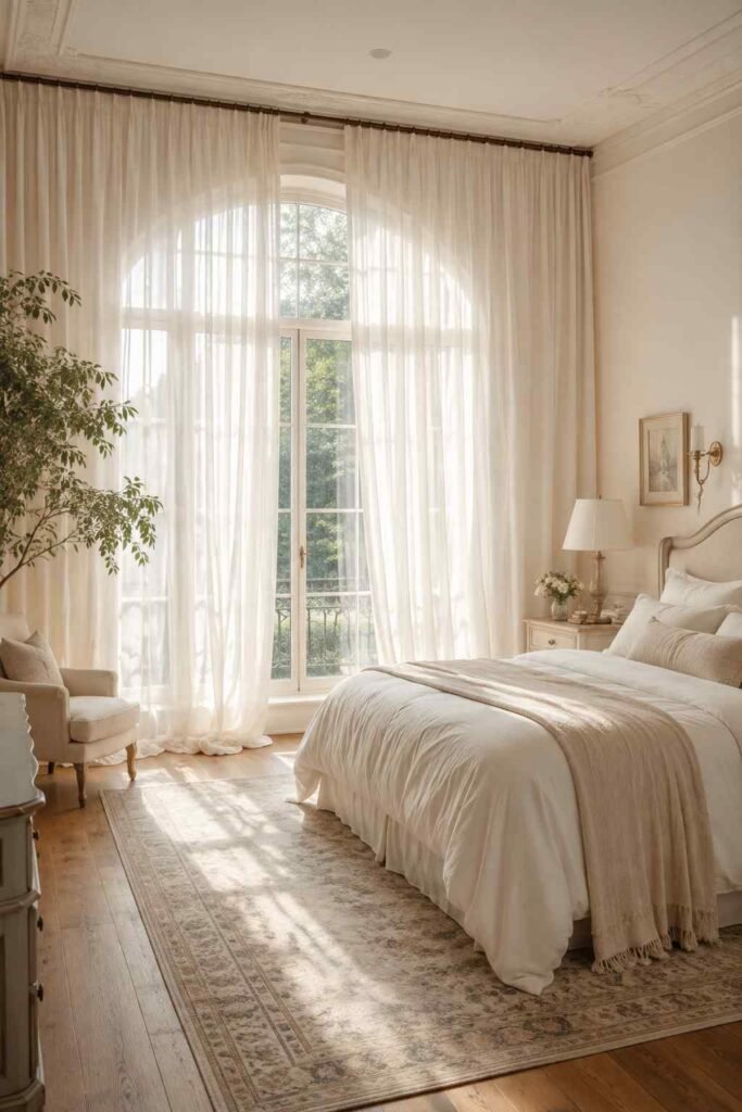 Floor to ceiling white sheer linen curtains pooling on timber floor with soft morning light in romantic master bedroom
