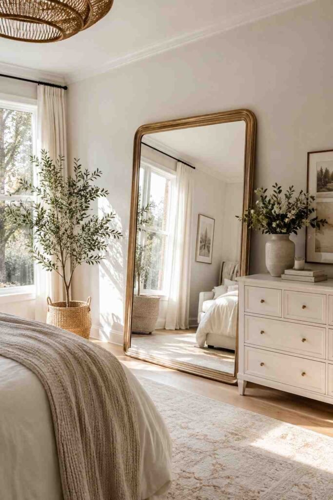 Large oversized mirror with aged brass frame leaning against wall reflecting morning sunlight in bright airy master bedroom
