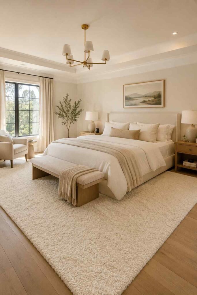 Large plush ivory wool rug extending generously under and beyond king bed grounding warm neutral master bedroom space
