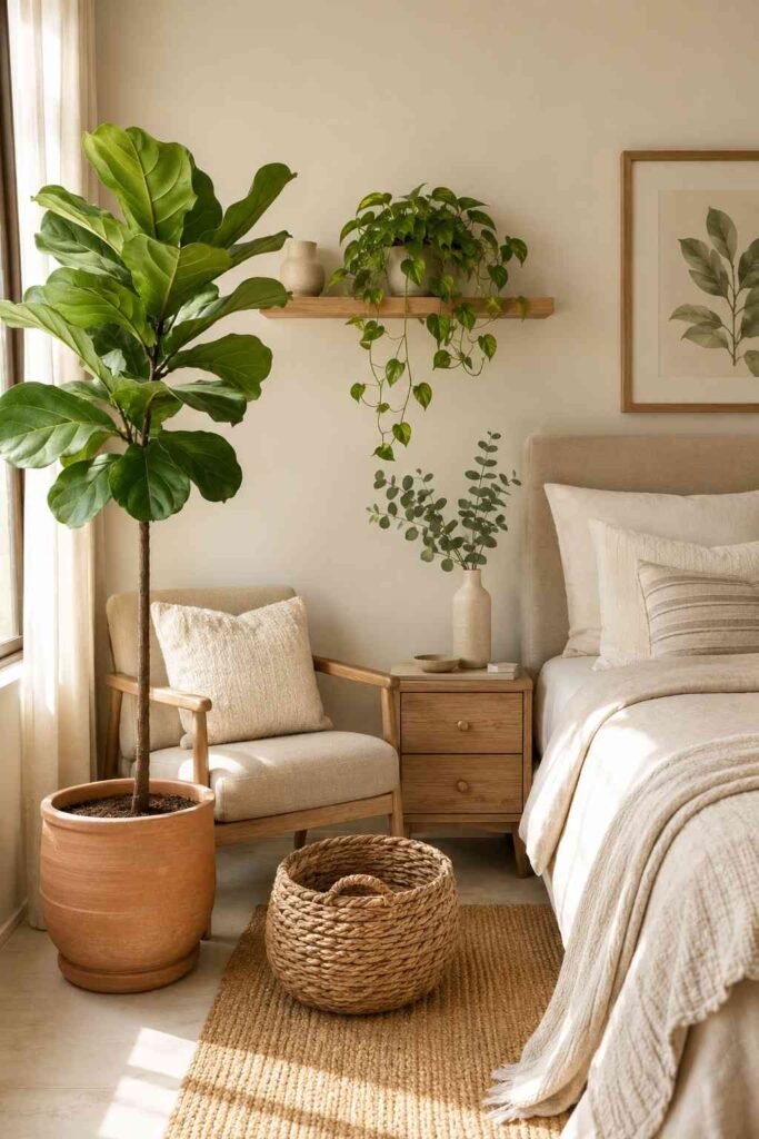  Fiddle leaf fig in terracotta pot trailing pothos on shelf and eucalyptus stem on nightstand in organic master bedroom
