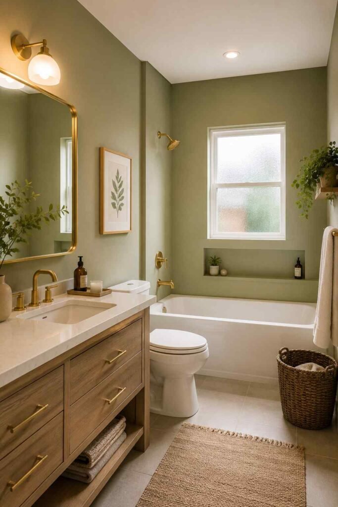 Soft warm sage green matte painted bathroom walls with white fixtures and brushed gold mirror in calm bathroom
