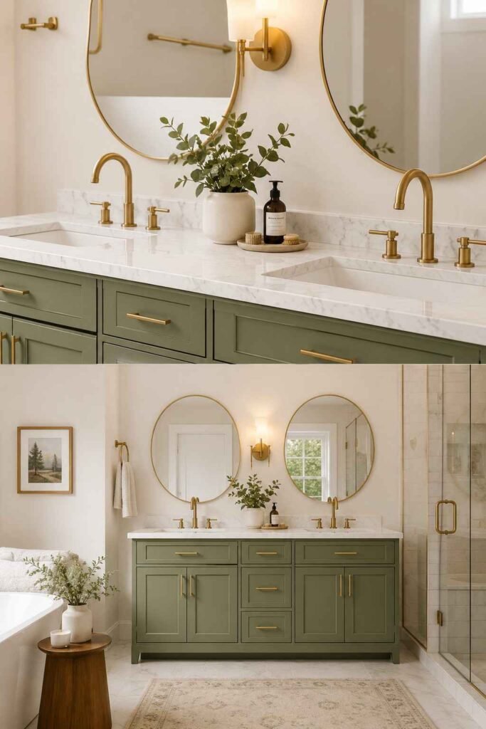 Matte sage green vanity with brushed brass hardware white marble countertop and gold round mirror in elegant bathroom