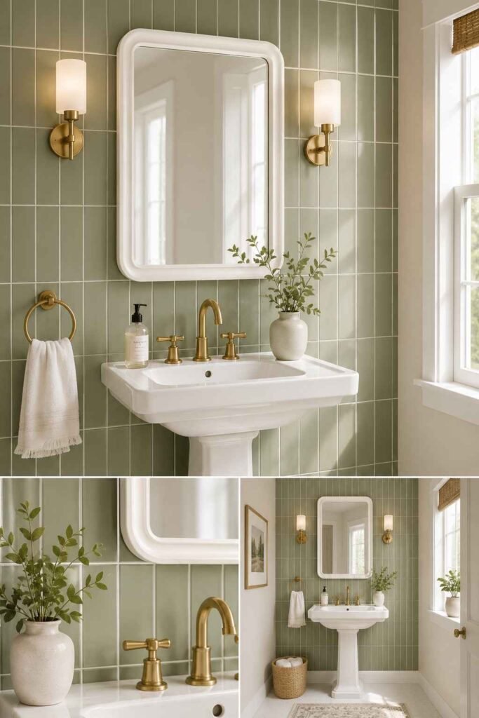 Matte sage green subway tiles stacked vertically with white grout white sink and brass tap in timeless bathroom