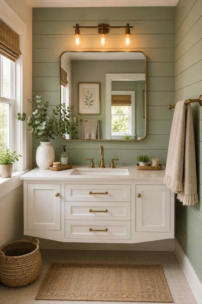 Sage green shiplap accent wall behind white floating vanity with brass rail linen towels and eucalyptus in bathroom
