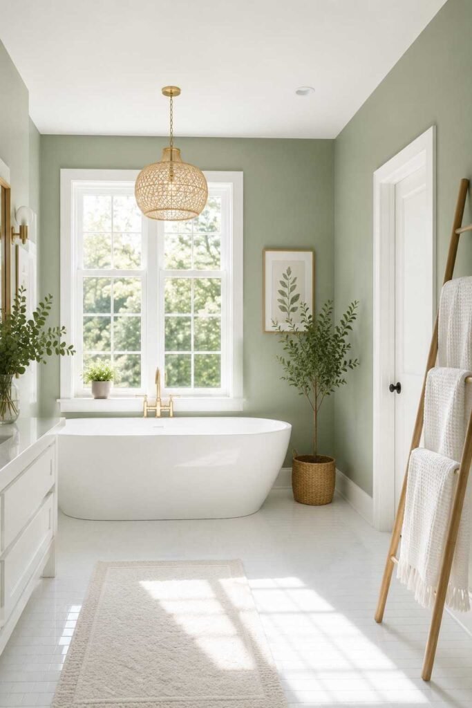 Sage green walls with crisp white floor tiles white freestanding tub and waffle towels in airy calm bathroom