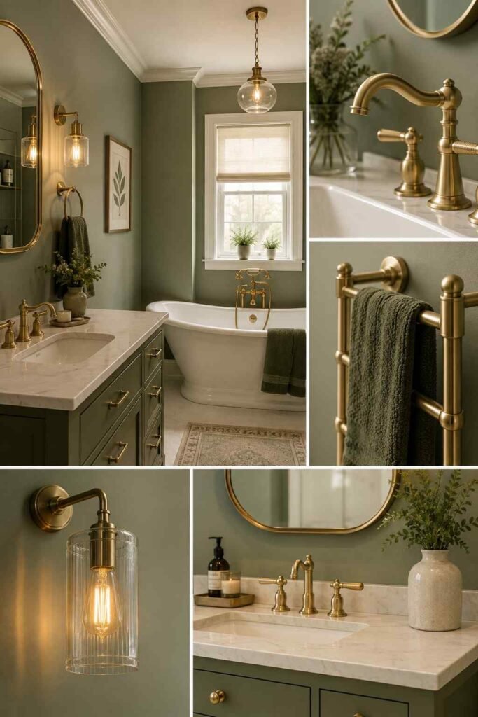 Sage green bathroom walls with brushed brass taps towel rail mirror frame and warm amber lighting in luxurious bathroom