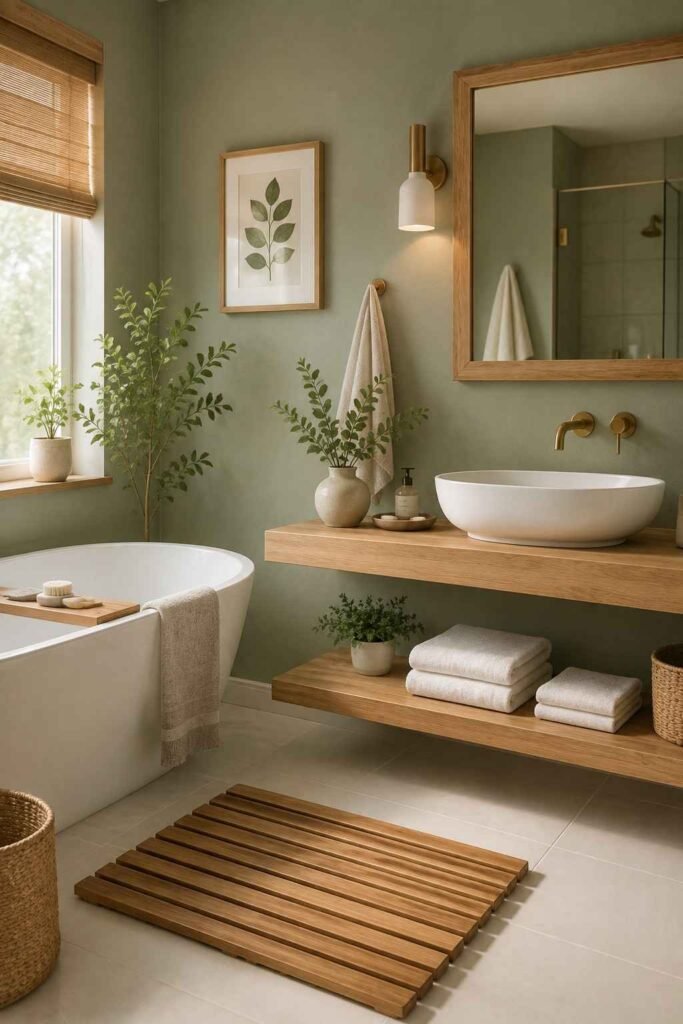 Sage green bathroom with teak bath mat oak floating shelf wooden mirror frame and white towels in Nordic spa style