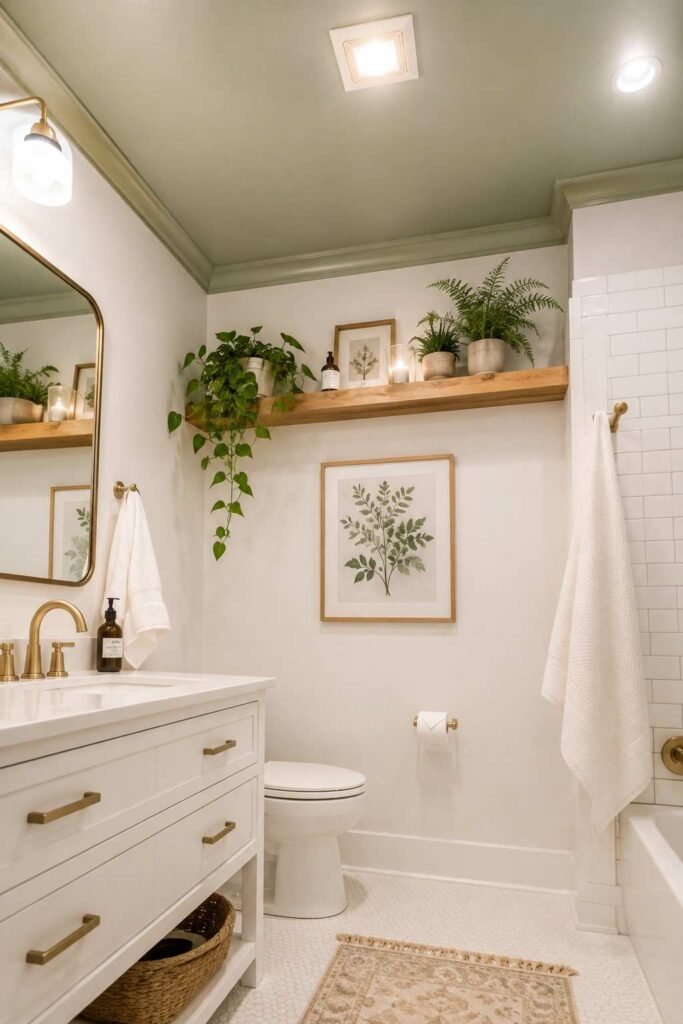 Sage green painted ceiling above white bathroom walls and fixtures with wood shelf and warm lighting in cozy bathroom