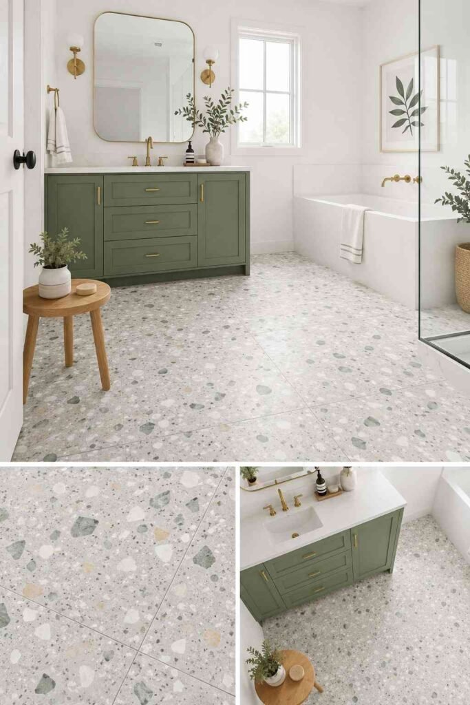 Large format terrazzo floor tiles with sage green flecks under sage green vanity and brass fixtures in stylish bathroom