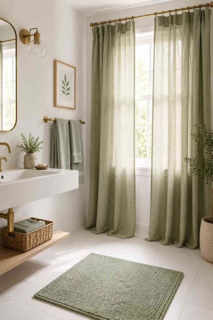 Sage green linen curtains on brass rod with matching waffle towels and bath mat in soft natural light bathroom