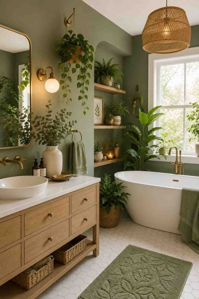 Sage green bathroom walls with trailing pothos fern on shelf and eucalyptus stems creating lush botanical sanctuary atmosphere