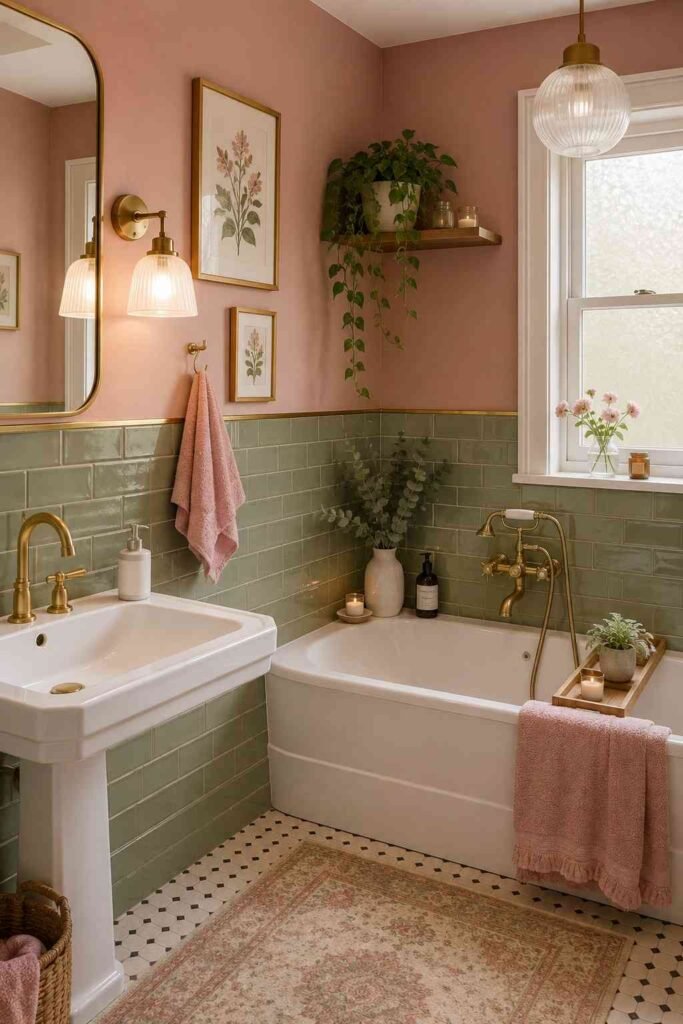 Dusty rose painted walls with sage green subway tiles brushed gold fixtures and trailing plant in vintage dreamy bathroom