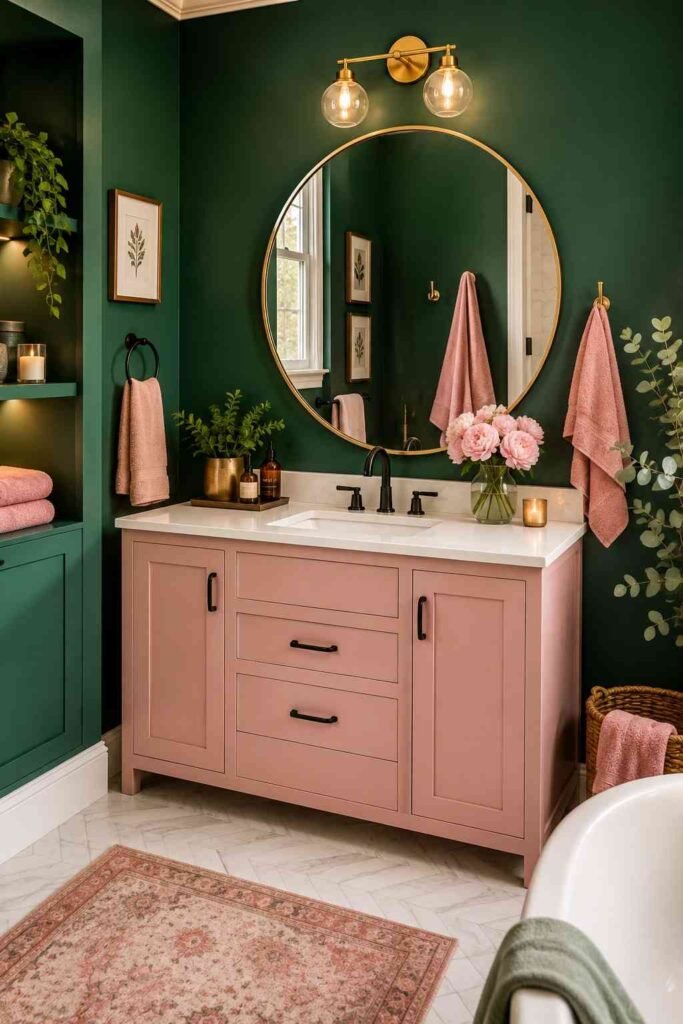 Blush pink vanity with matte black hardware against deep emerald green walls and gold round mirror in luxury bathroom