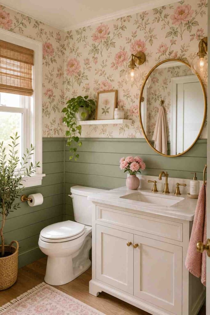 Sage green shiplap lower wall with blush pink floral wallpaper upper half and gold fixtures in charming botanical bathroom