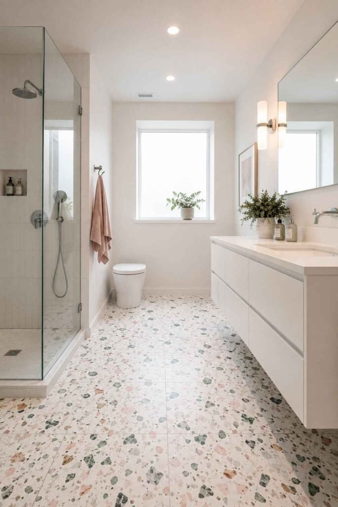Large format white terrazzo floor tiles with blush pink and sage green flecks in modern sophisticated bright bathroom