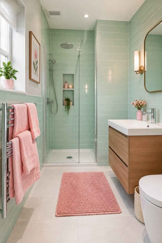 Mint green wall tiles with blush pink towels dusty rose bath mat and pink accessories in bright cheerful bathroom