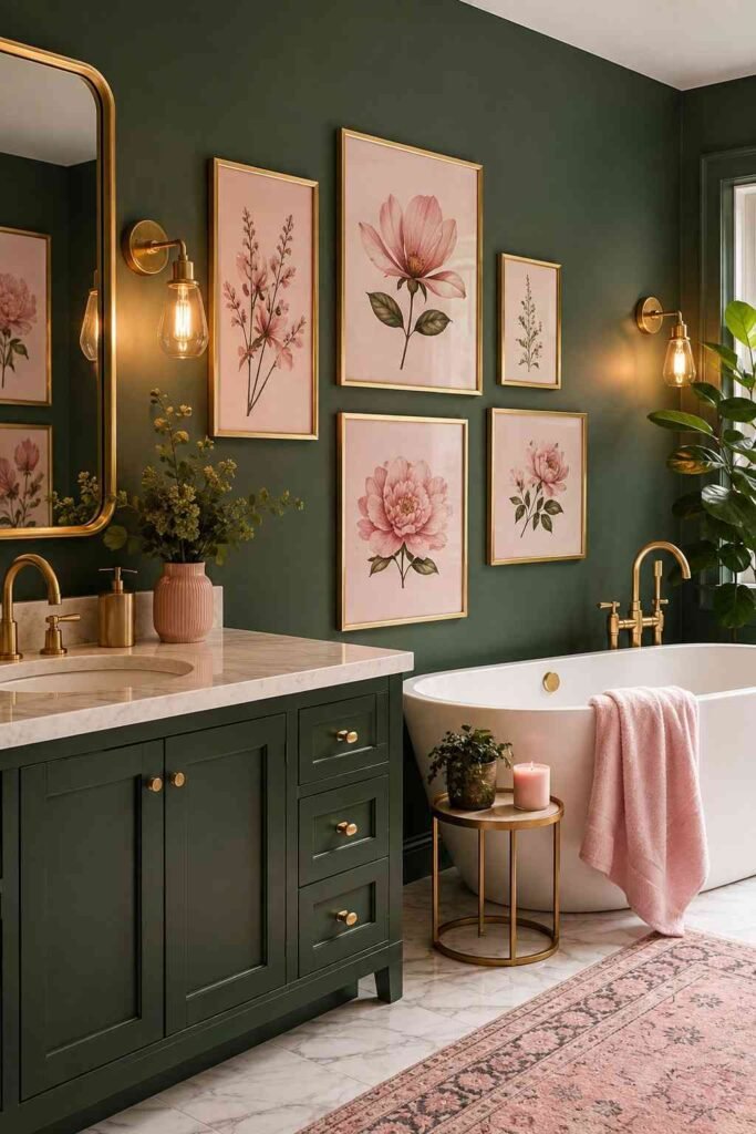 Deep forest green bathroom walls with framed pink botanical prints in gold frames and warm Edison sconce lighting