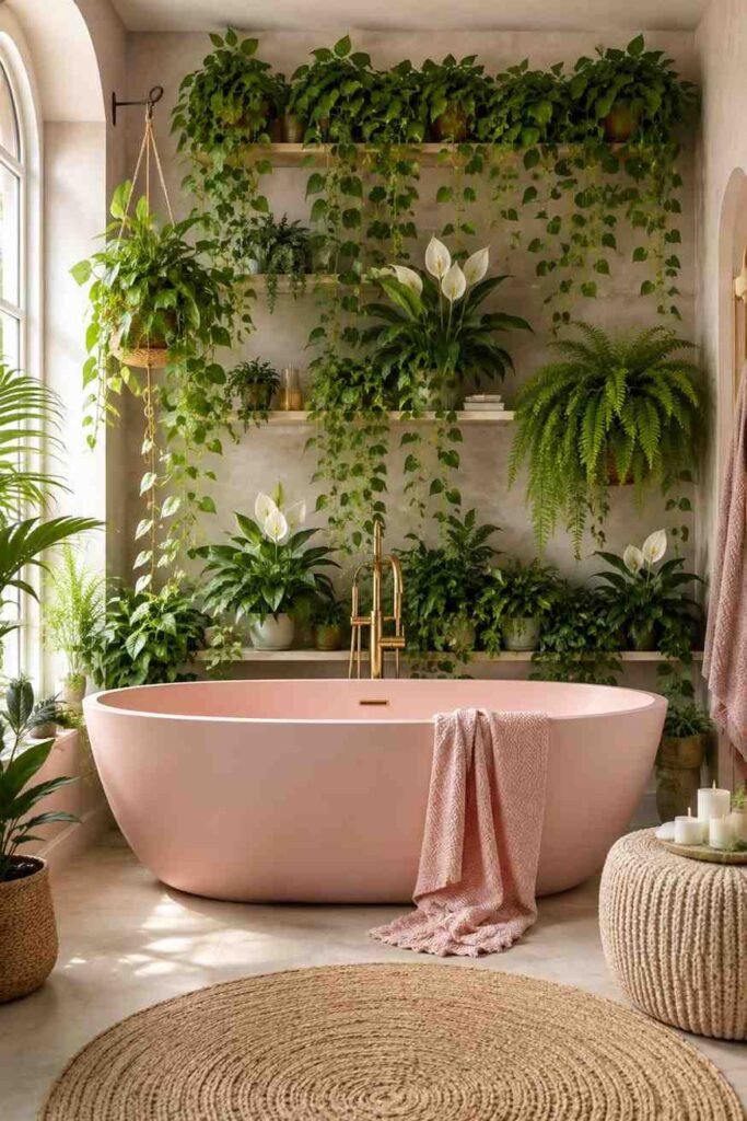 Blush pink freestanding bathtub against lush green plant wall with trailing ferns and pothos in fresh spa bathroom