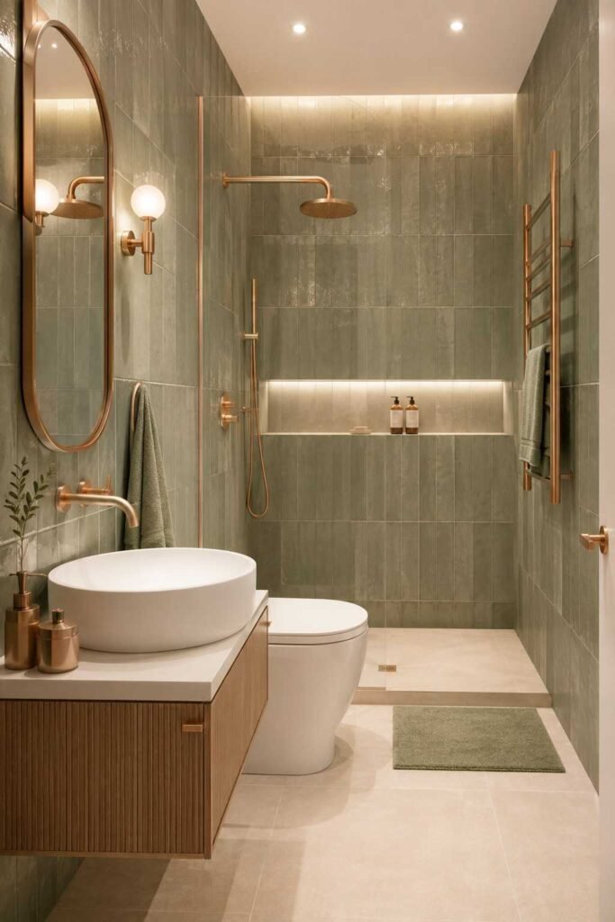 Matte rose gold fixtures and fittings against sage green ceramic wall tiles in warm modern elegant bathroom
