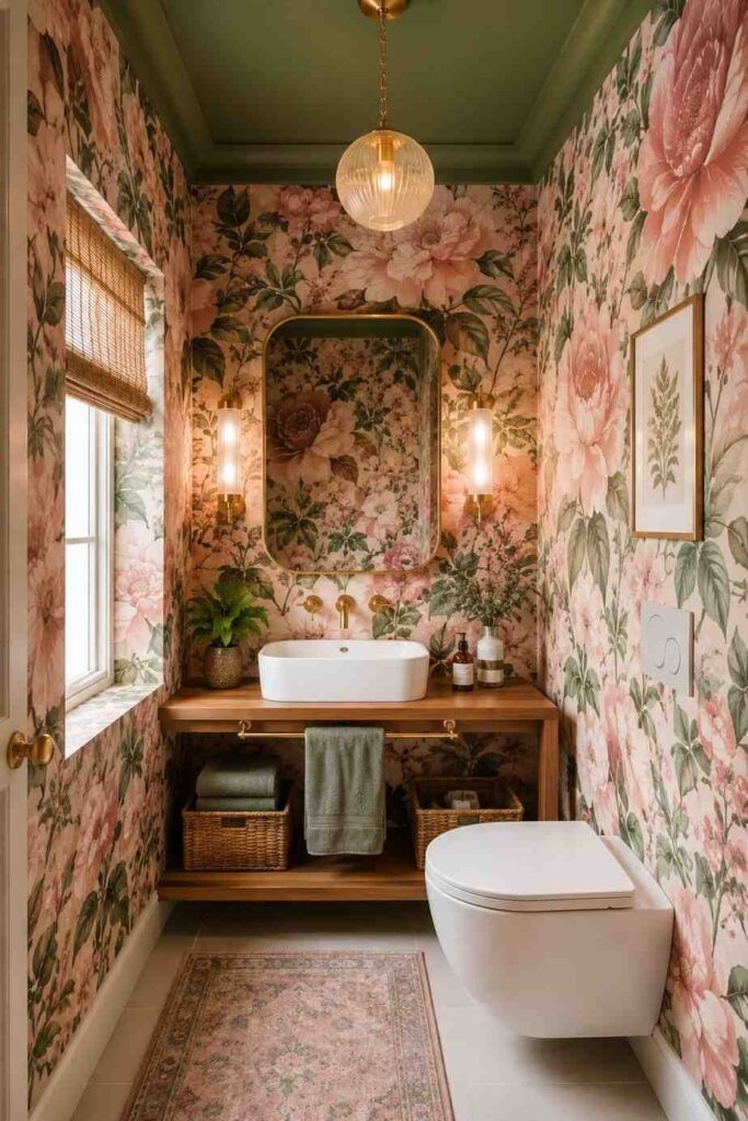 Bold pink floral wallpaper on all walls with deep sage green painted ceiling creating botanical retreat atmosphere in bathroom