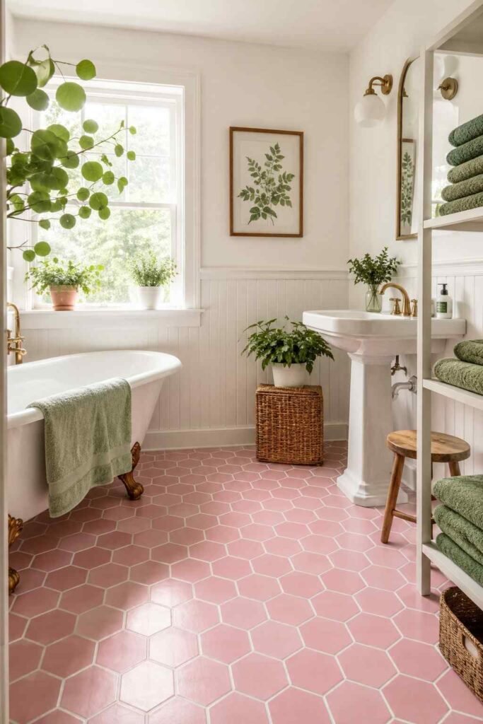 Dusty pink hexagonal floor tiles with white walls green towels and potted plants in vintage cheerful fresh bathroom
