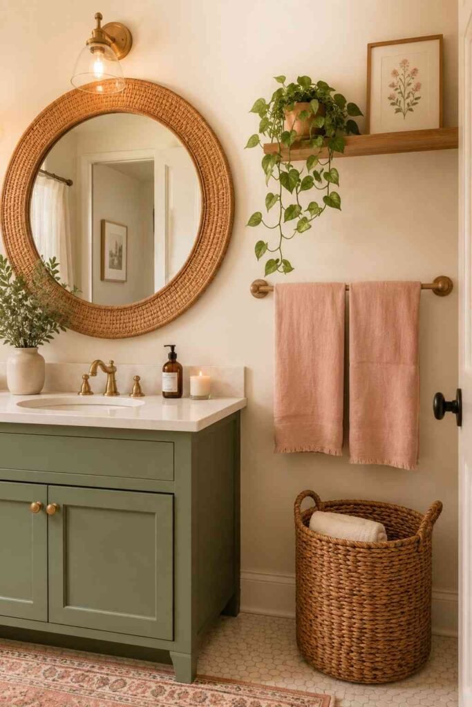 Sage green vanity with round rattan mirror blush pink linen towels and woven basket in warm organic natural bathroom
