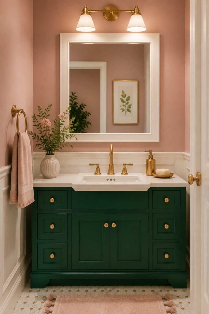 Emerald green vanity with brass fixtures against soft blush pink walls and white mirror in jewel-like luxurious bathroom