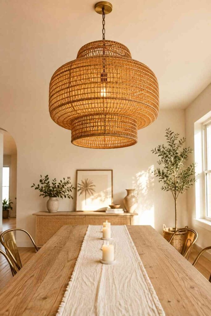 Large woven rattan pendant chandelier glowing with warm golden light above a wooden dining table with cream candles